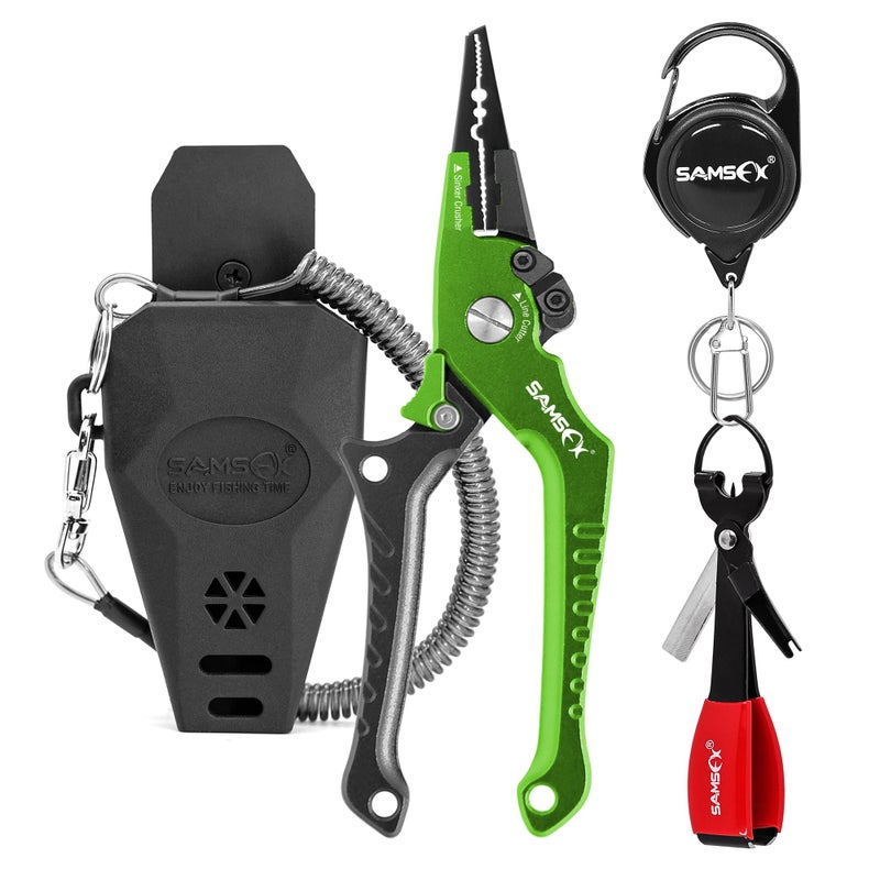 SAMSFX Aluminum Fishing Pliers Hook Remover Braid Line Cutter with Coiled Lanyard, Fly Fishing Knot Tying Tool & Retractors (Gray & Green Handle, Split Ring Nose) - Image 1